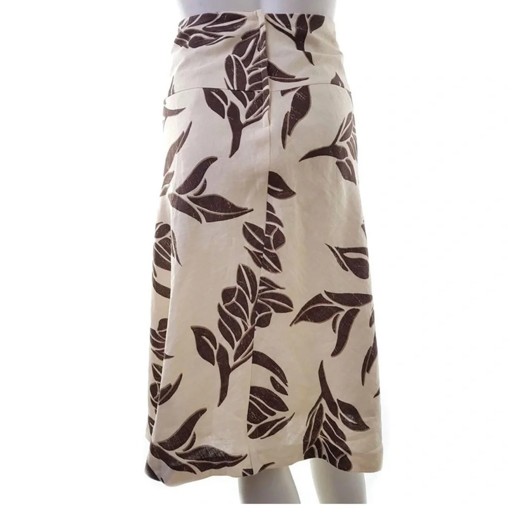 🤎 H&M Brown & Ivory Leaf Print Lined Linen A-Line Skirt Women’s Size 6 - Picture 2 of 16
